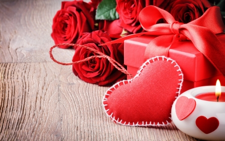 Happy Valentine's Day! - red, flower, rose, wood, candle, box, bow, valentine, heart, gift