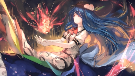 Untouchable Power - blue hair, touhou, tenshi hinanawi, magic, anime