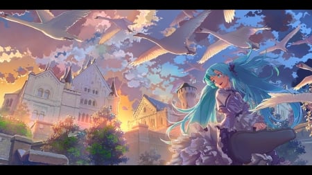 What Makes Me Happy - hatsune miku, sky, vocaloid, anime, pigtails, guitar case, buildings, birds