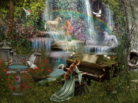 Magic forest - nature, piano, forest, waterfall