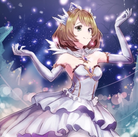 Frozen Princess - anime, snowflakes, crown, dress, short hair, princess, anime girl, beautiful, girl, beauty, lovely, brown hair, sweet, ice, smile, white, soft, cute, gloves