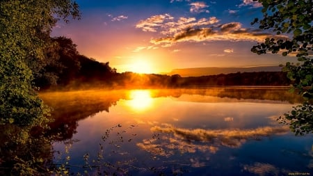 Golden Sunset - clouds, water, lake, reflection, sun, sky