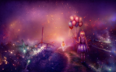 Wonderland ? - girl, thegirlcansmile, child, balloon, road, clown, fantasy, alice, rabbit, purple, wonderland, situation, luminos, digital