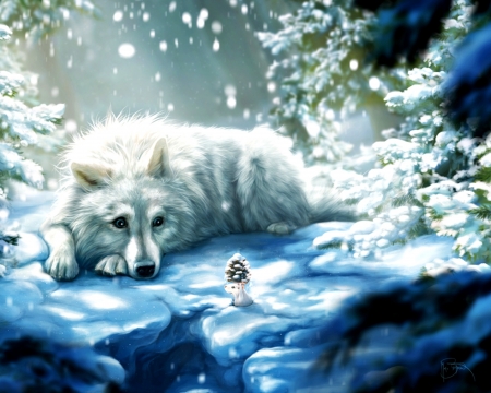 There once was a wolf... - cone, there once was a wolf, winter, fantasy, wolf, white, art, forest, luminos, snow, blue, animal, mouse, thecompanyofwolves