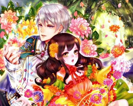 Anime couple - red, flower, haruci, yellow, anime, girl, manga, valentine, couple, guy, man, green