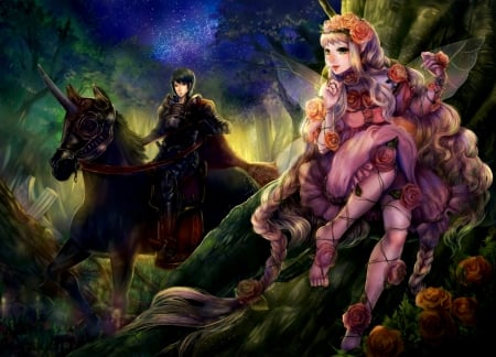 Fantasy couple - anime, evening, guy, night, forest, pink, unicorn, girl, horse, manga, fantasy, green, valentine, haruci, fairy, couple, lovers