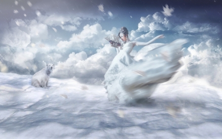 Winter realm - winter, blue, dress, realm, girl, creative, fantasy, white, woman, model, cloud, situation, polar bear