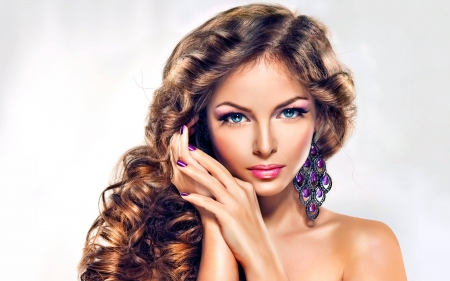 Beauty - girl, beauty, jewel, make-up, purple, hand, woman, model, face, blue eyes