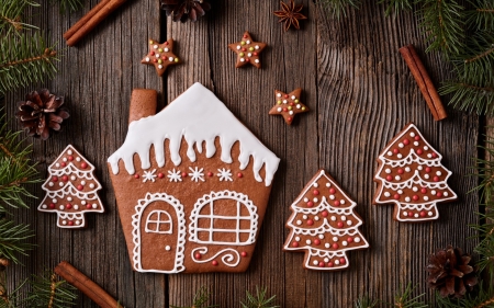 Merry Christmas! - craciun, cookies, deco, christmas, wood, sweet, gingerbrad, house, tree, dessert, food