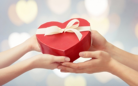 Gift of Love - love, bokeh, gift, heart, valentine, child, box, bow, hand, red