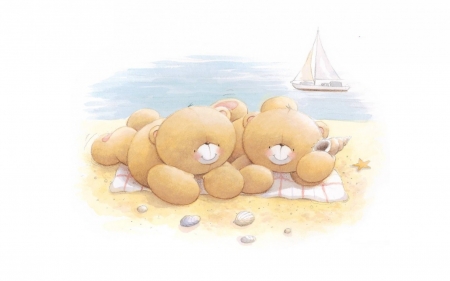 Happy Summer! - summer, beach, cute, teddy bear, sea, card, sand, toy