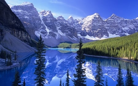 Lake Mountains - trees, nature, snow, lake, forest, mountains, reflection, sky