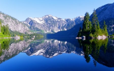 Lake Reflection - trees, nature, snow, island, lake, mountains, reflection