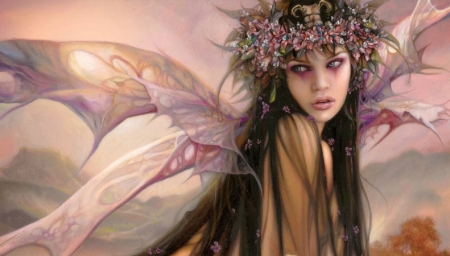 Pink Serenity - pretty, beautiful, serene, girl, pink, fantasy, digital, woman, soft, wings, fairy, art, flowercrown, pastel