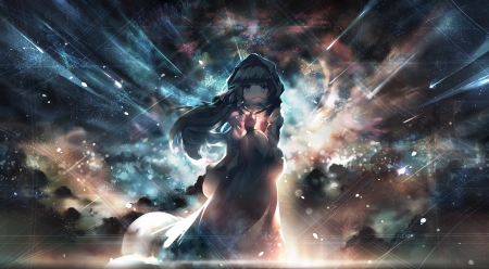 ☆ Glowing Like Stars ☆ - glow, anime, anime girl, lights, sky, shooting stars