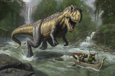 hunter being hunted - river, waterfall, canoe, dinosaur