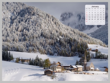 winter town - housers, church, frozen land, snowy mountians