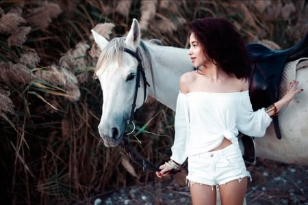 Lovely Girl - white, horse, woman, model