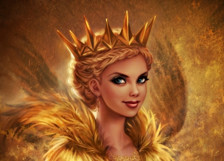 Golden Queen Ravenna - golden queen ravenna, yellow, daekazu, crown, girl, fantasy, digital, woman, art