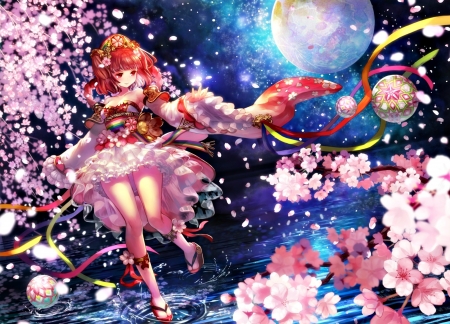 Spring - moon, girl, night, spring, pink, blue, blossom, anime, luna, terai, planet, manga