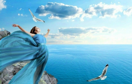 I want to fly - sea, birds, I want to fly, woman