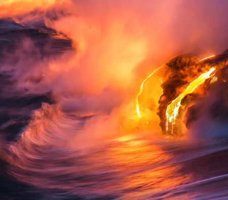 Lava falling into Ocean - olcano, lava, ocean, falling