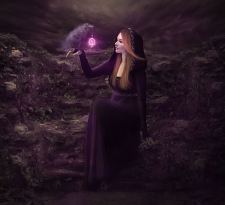 magic - women, fantasy, magic, purple