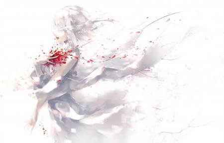 White and Red - white, anime, girl, petals