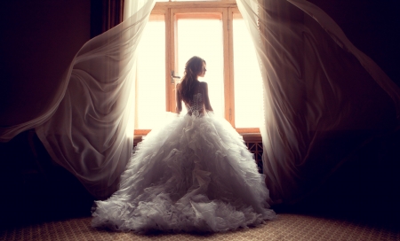 Light of Hope - woman, window, female, curtains, light, wedding dress