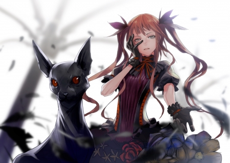 Dark Companion - anime, anime girl, pigtails, gothic, leaves, tree, dark, red eyes, creature, animal, gloves