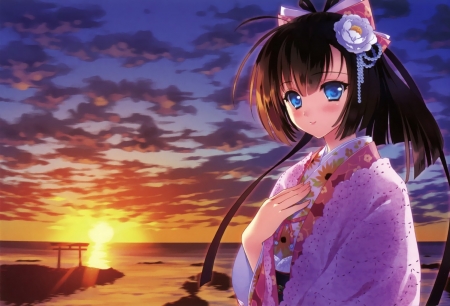 Cute Girl - anime, sunset, cute, girl