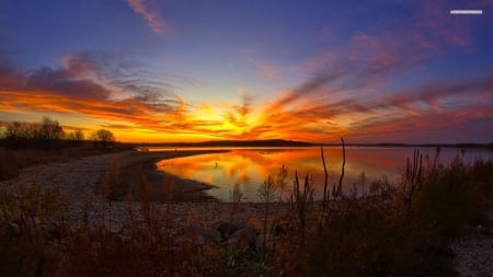 Small Sidewalk to the Lakeside - lake, reflection, clouds, sunset, nature