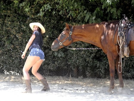 My Horse Sniffy... - women, fun, female, boots, hats, fashion, models, brunettes, western, girls, cowgirls, style, horses