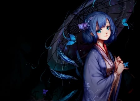 Cute Girl - aqua, girl, japanese, black, butterfly, umbrella, blue, anime, fairy, cute