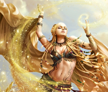 Valhalla - yinyuming, yellow, dancer, girl, valhalla, sand, fantasy, goddess, woman, golden