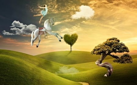 Neverland vacation - neverland vacation, heart, girl, grass, creative, orange, horse, toy, tree, fantasy, green, cloud, sky