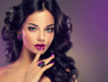 Beauty - girl, beauty, pink, jewel, make-up, purple, hand, woman, model, face, brunette