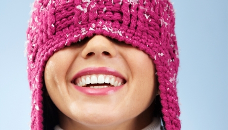 Happy - woman, girl, hat, winter, face, pink, snow, smile, happy