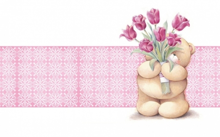 Have a lovely day! - tulips, white, cute, teddy bear, spring, card, pink, toy