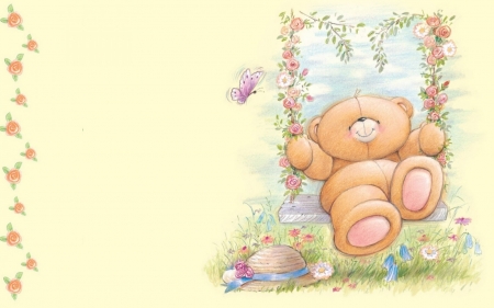 Have a beautiful day! - card, swing, toy, summer, garden, cute, teddy bear, relax