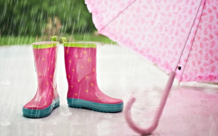 Rainy day - stuff, umbrella, boots, autumn, green, rain, girl, pink