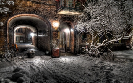 Backyard Winter - ice, snow, tree, house, hdr, path