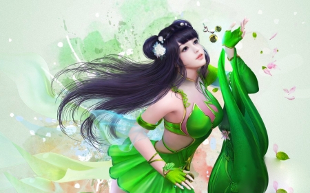 Fantasy Girl - woman, female, girl, asian, fantasy, art, pretty, fine, beautiful, green, digital