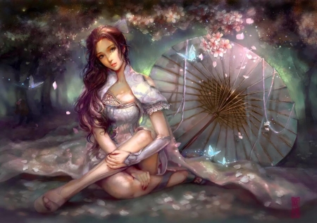 Moment of Tranquility - pretty, female, butterflies, beautiful, serene, girl, beauty, fantasy, parasol, digital, woman, nice, fine, sitting, art