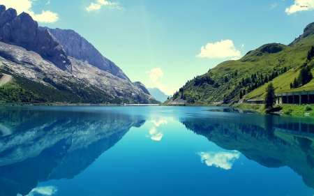 mirror of the lake - lake, grass, reflection, mountain