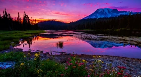 South cascades - clouds, cascades, beautiful, reflection, mountain, flowers, colorful, mount Rainier, sunset, lake, sky, south