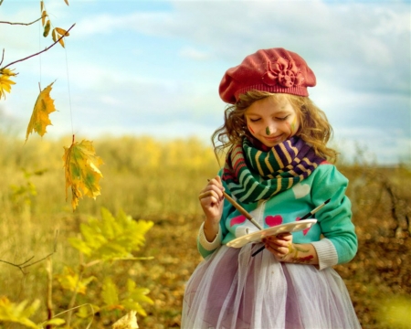 Cute Girl - painting, field, cute, girl