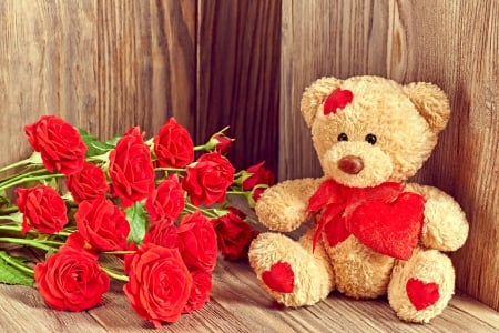 With Love - love, roses, toy, valentine, rose, with love, wood, bow, red, card, valentines day, teddy bear, cute, flower