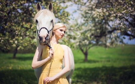 Lovely Girl - horse, trees, woman, model