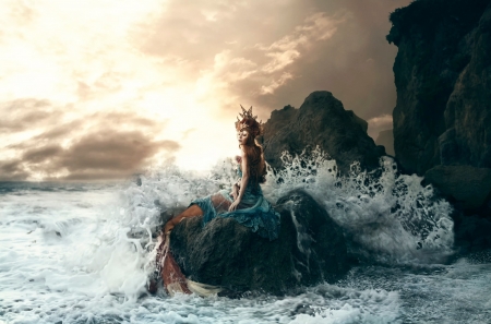 At the Sea - rocks, splash, mermaids, sea, woman